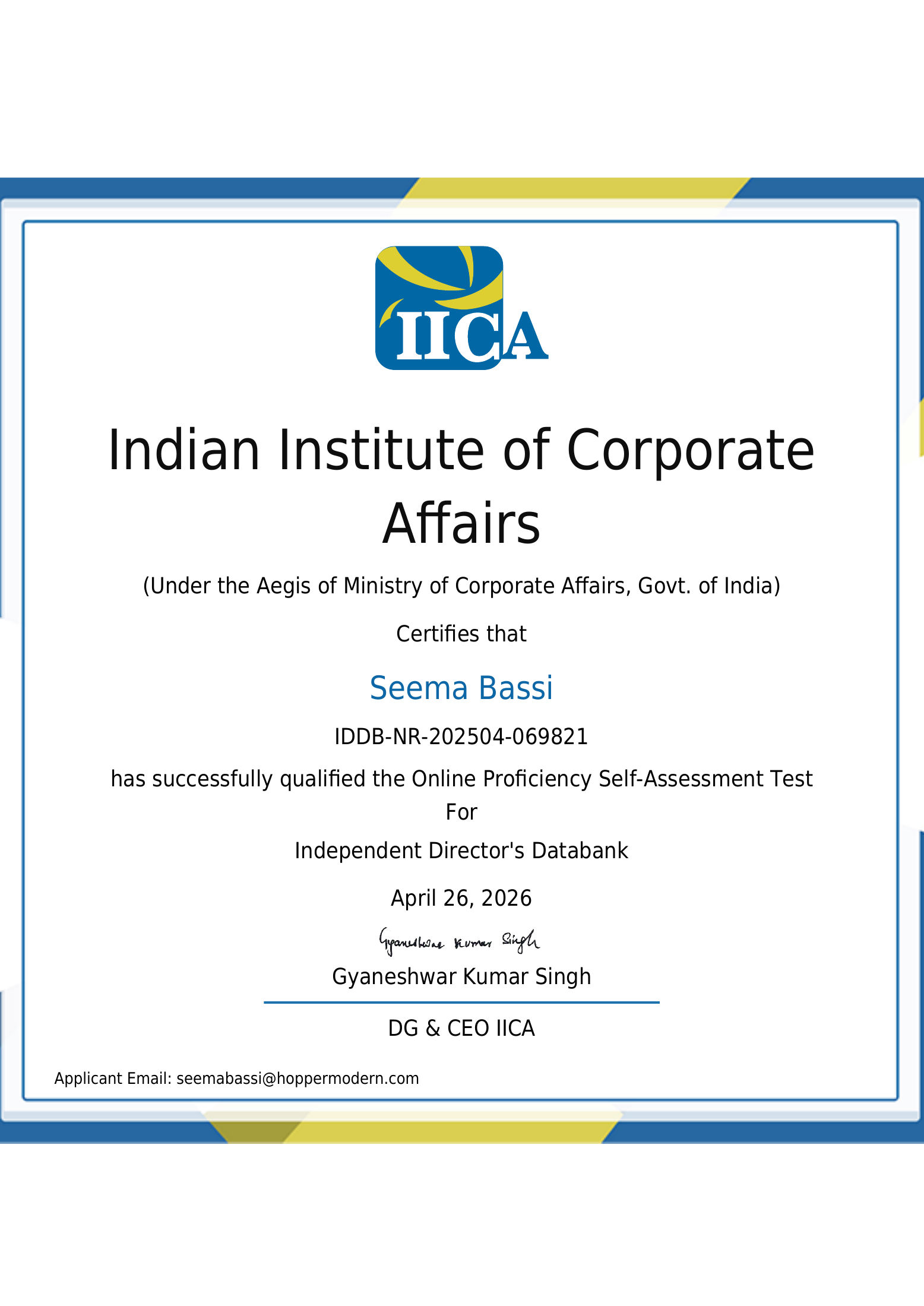 IICA Certified Independent Director — Seema Bassi